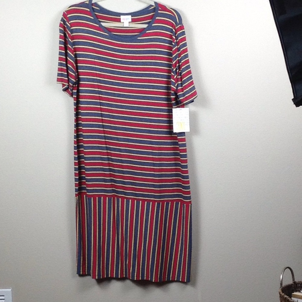 LuLaRoe Navy, Red, Cream & Yellow Striped Shift Dress